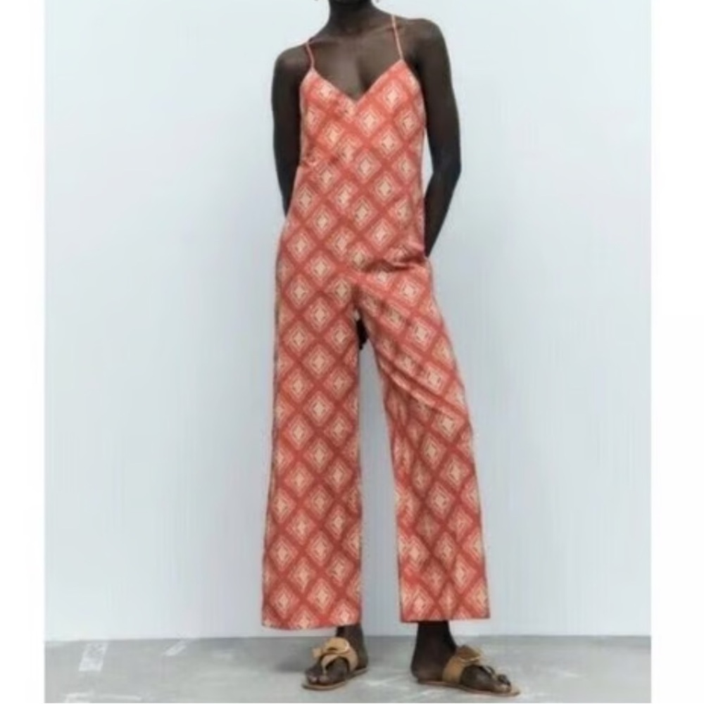 Zara Jami Jumpsuit 100% Cotton Terracotta and Cream Open Back Wide Leg - Picture 3 of 15